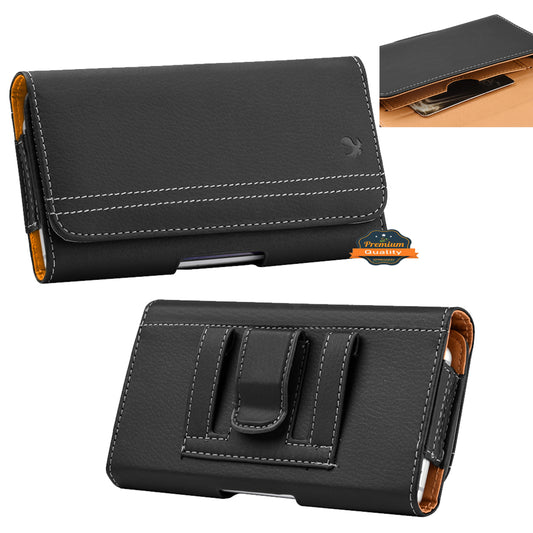 For Apple iPhone 16 Pro (6.3") Horizontal Universal Carry Pouch Cell Phone Case PU Leather Holster Belt Clip Loop Card Slot & Magnetic Closure [Black]