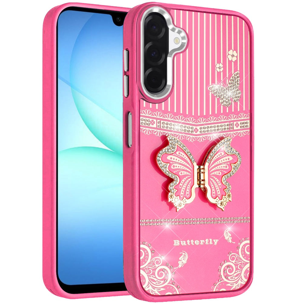Phone Case for Samsung Galaxy A17 5G Glitter Bling Butterfly Stand Metallic Edge Hybrid Shockproof Grip Durable Camera Protection Stylish Design Cover