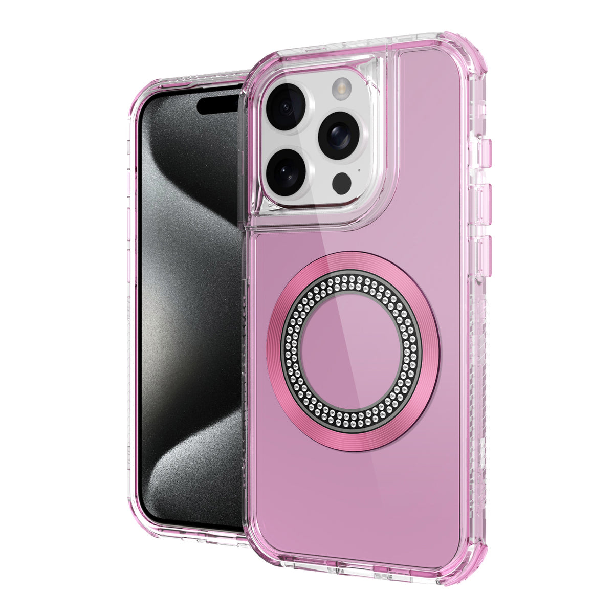 For Apple iPhone 17E /16E Magnetic Circle Compatible with Magsafe, Hybrid Chrome 3in1 Transparent Shockproof TPU Bumper Case Cover Pink