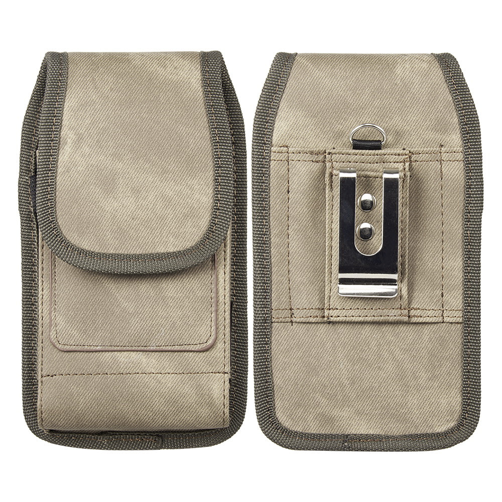 For Apple iPhone 16 Pro (6.3") Universal Vertical Fabric Case Holster with 2 Card Slots, Pen Holder, Belt Clip Loop & Hook Carrying Phone Pouch [Brown]