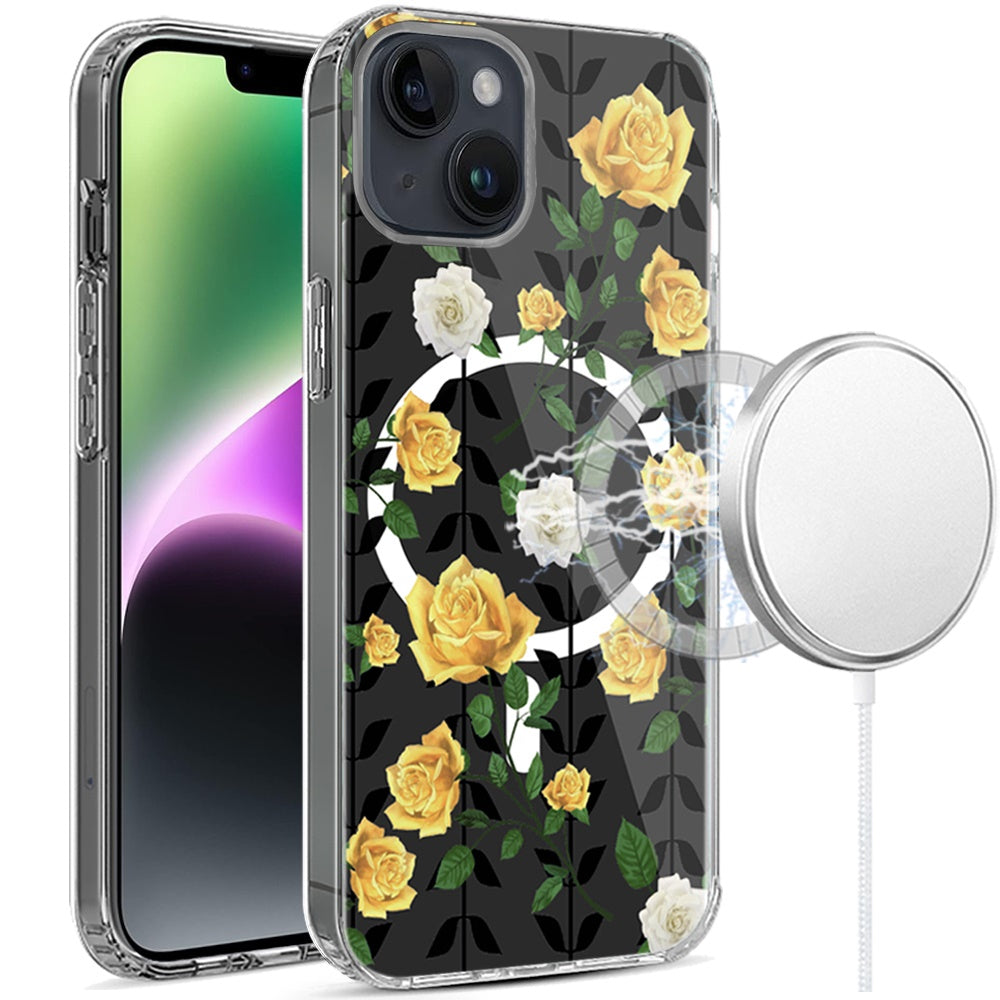 Phone Case for iPhone 14/13 Hybrid Flower Design Stylish Fashion with MagSafe Compatible, Thick Shockproof Hard PC Cover Yellow