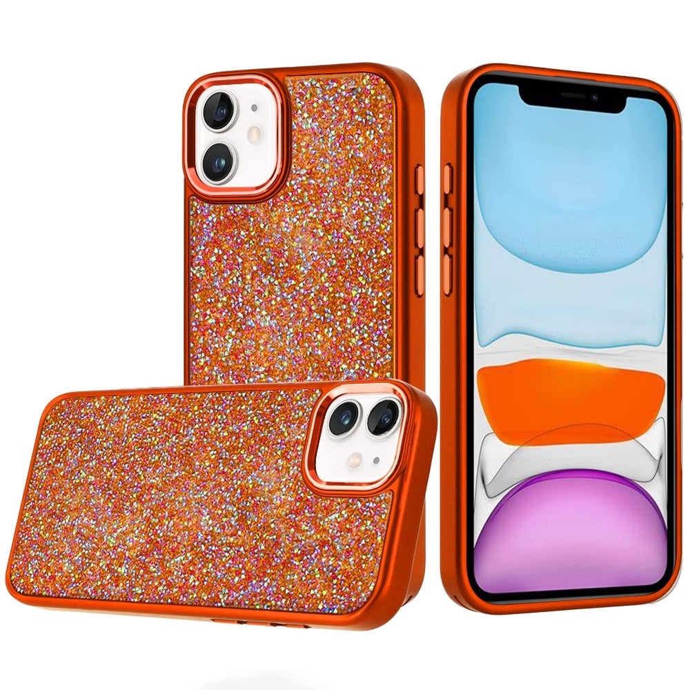 Phone Case for Apple iPhone 11 Crystal Glass Bling Diamond Metallic Edge Shockproof Durable Protective Clear Hybrid Stylish Premium Design Cover Cosmic Orange