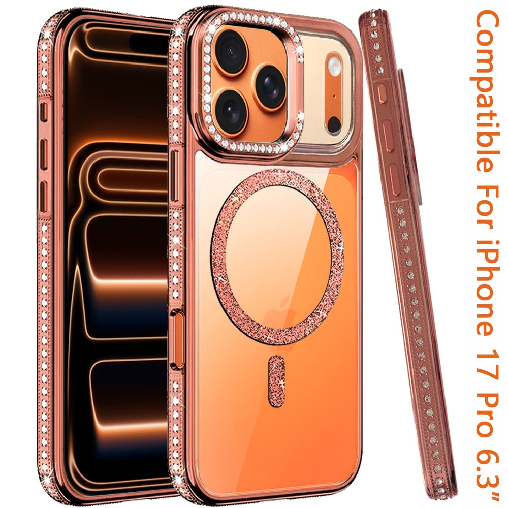 Phone Case for Apple iPhone 17 Pro Luxury Diamond Bling Edged Magnetic Glitter Shockproof Hybrid with Camera Kickstand Durable Grip Cover