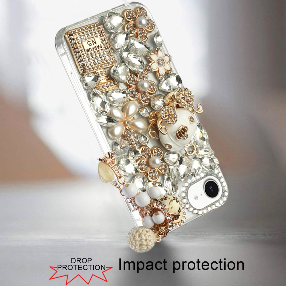 For Apple iPhone 17E /16E Bling Crystal 3D Full Diamonds Luxury Sparkle Rhinestone Hybrid Case Cover Ultimate Multi Ornament White