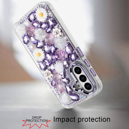 For Samsung Galaxy S26 Fashion Daisy Floral Series, Full 3D Bling Crystal Diamonds Sparkling Rhinestone Glitter Hybrid Design Case Cover Pink