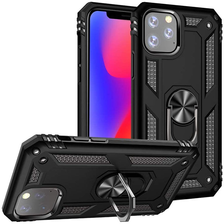 For Samsung Galaxy A32 Shockproof Hybrid Dual Layer PC + TPU with Metal Ring Kickstand Heavy Duty Armor Shell Case Cover Black