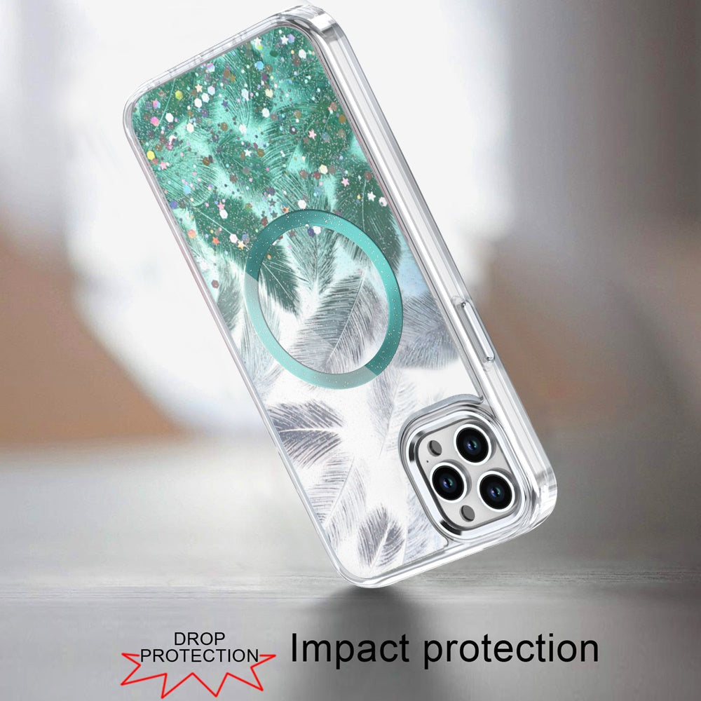 For Apple iPhone 15 Pro Max Epoxy Glitter Shimmer Fashion Case with Magnetic Magsafe Compatible Hybrid Sparkling Slim Protective Case Cover Light Green