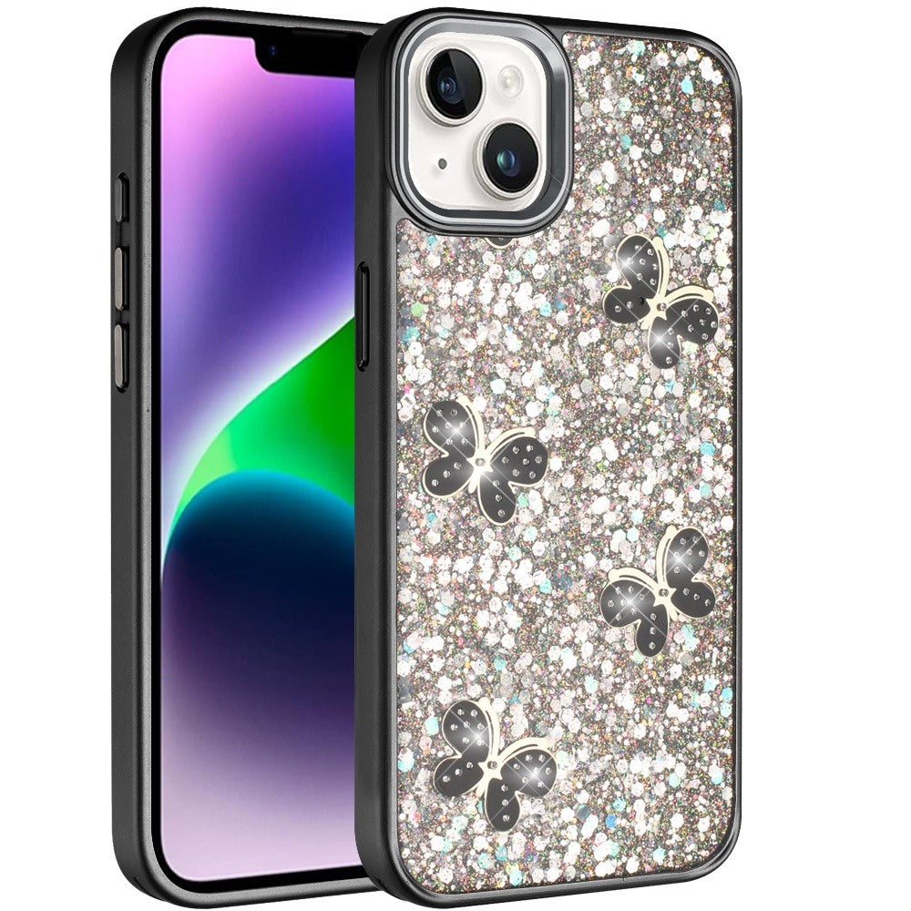 Phone Case for Apple iPhone 14/13 Cute Butterfly Diamond Glitter Metallic Hybrid Shockproof Shimmer Grip Stylish Protective Luxury Designer Cover
