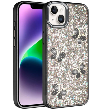 Phone Case for Apple iPhone 14/13 Cute Butterfly Diamond Glitter Metallic Hybrid Shockproof Shimmer Grip Stylish Protective Luxury Designer Cover