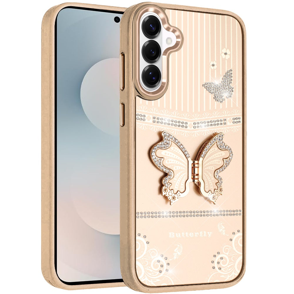 For Samsung Galaxy S26 Glitter 3D Butterfly Design Bling Metallic Edge Hybrid Stand Drop Protection TPU Shockproof Case Cover