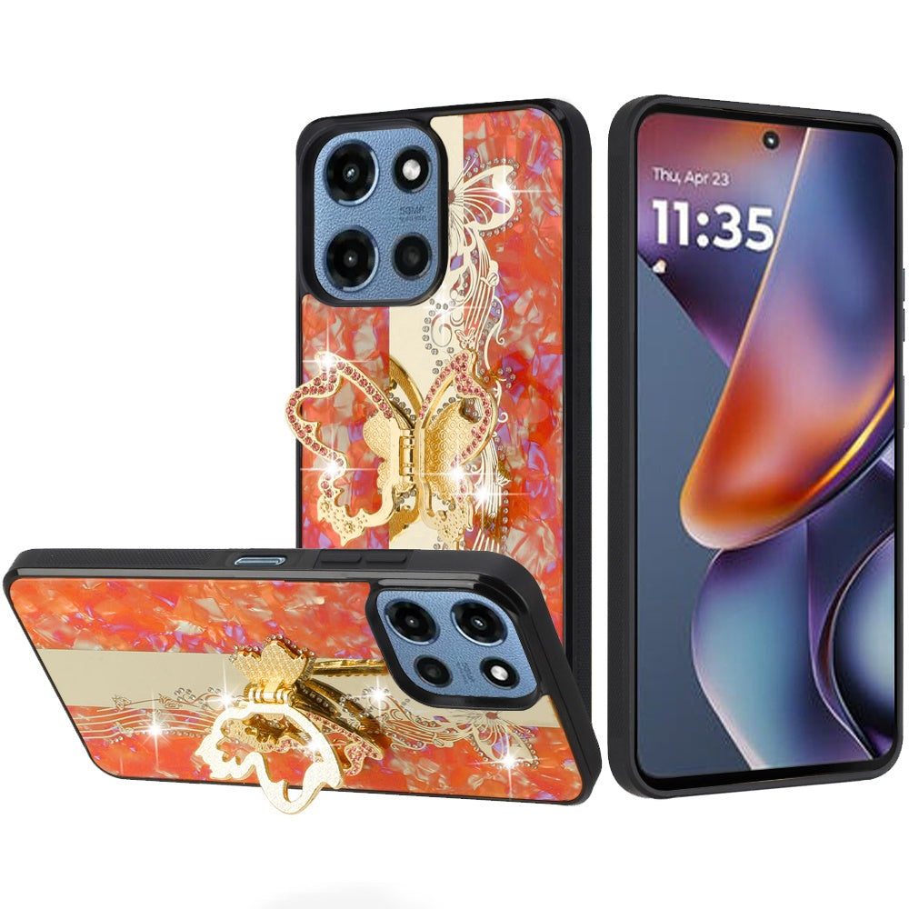 Phone Case for Motorola Moto G 5G 2026 / 2025 Diamond Glitter Butterfly Engraved Ring Stand Luxury Bling Hybrid Shockproof Chrome Edge Protective Durable Grip Cover Enchabted Butterfly Cosmic Orange