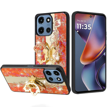 Phone Case for Motorola Moto G 5G 2026 / 2025 Diamond Glitter Butterfly Engraved Ring Stand Luxury Bling Hybrid Shockproof Chrome Edge Protective Durable Grip Cover Enchabted Butterfly Cosmic Orange