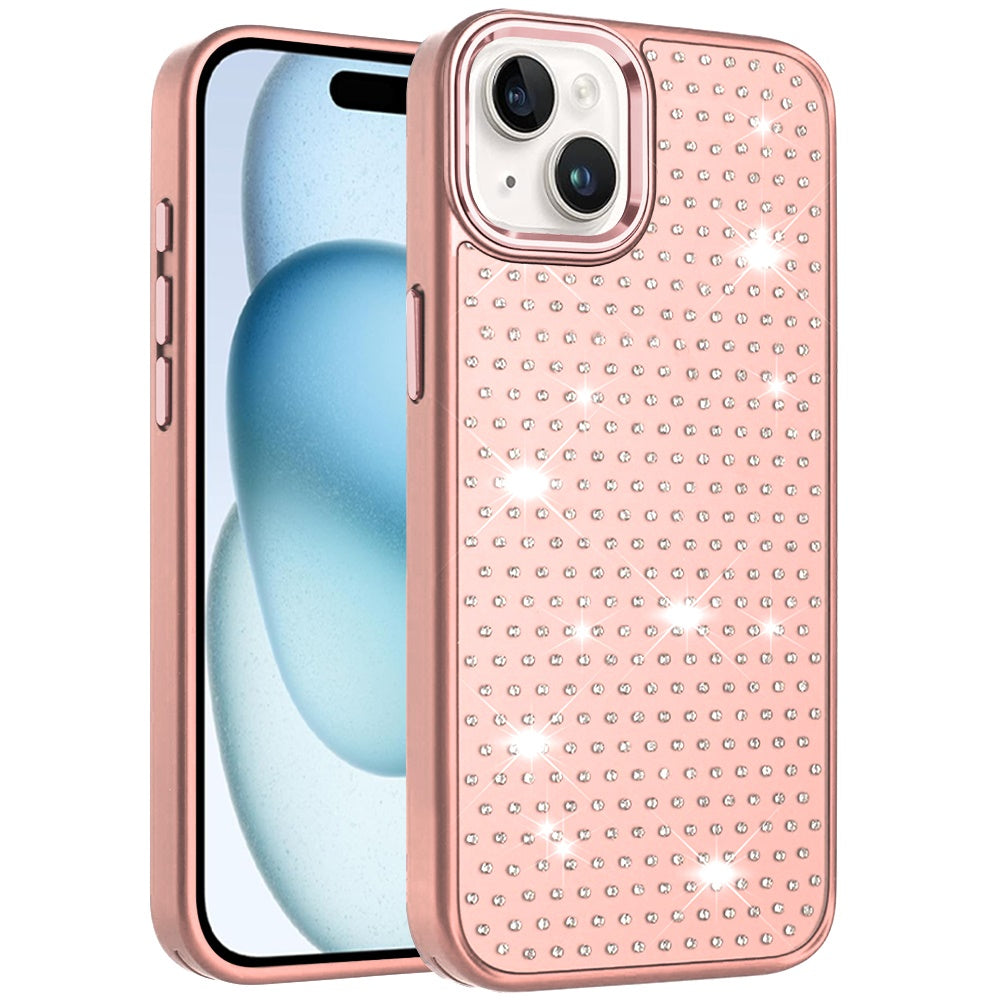 For Apple iPhone 15 Bling Diamond Metallic, Full Sparkle Chrome Edged Hybrid Protective Shockproof Case Cover