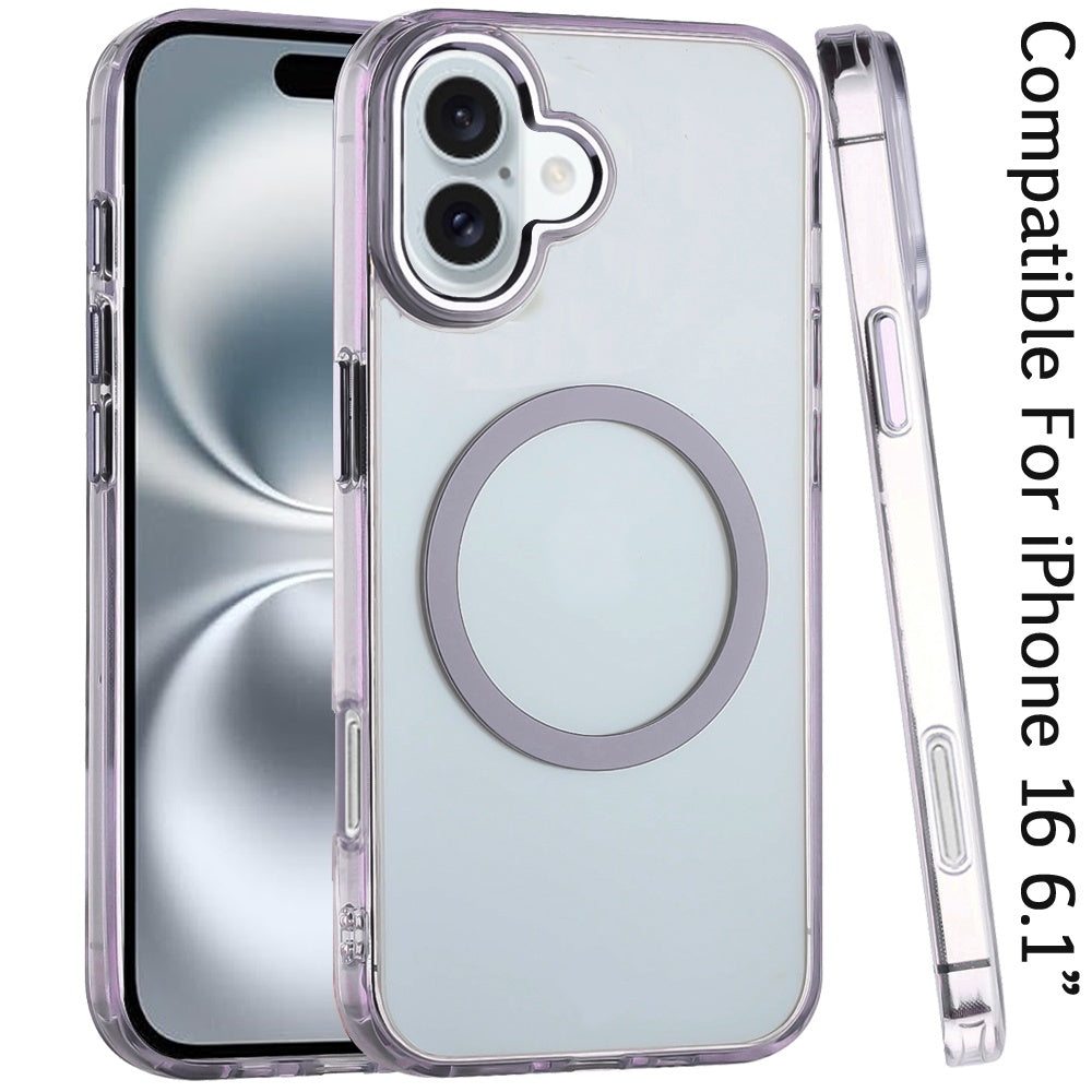 For iPhone 16 (6.1") Transparent Back Hybrid Case - Magnetic Circle, Color Frame, Metal Buttons, MagSafe Compatible Case Cover Clear