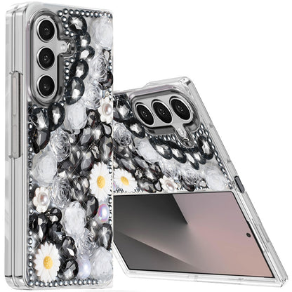 For Samsung Galaxy Z Fold 7 Fashion Daisy Floral Series, Full 3D Bling Crystal Diamonds Sparkling Rhinestone Glitter Hybrid Design Case Cover