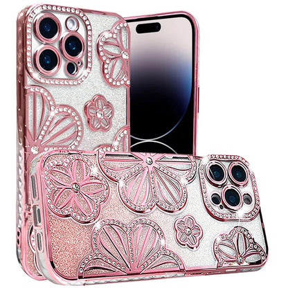 For Apple iPhone 15 Pro Max Luxury Floral Design Sparkle Glitter Diamond Crystal Rhinestone Shimmer Bling Plating Thick TPU Hard PC Case Cover