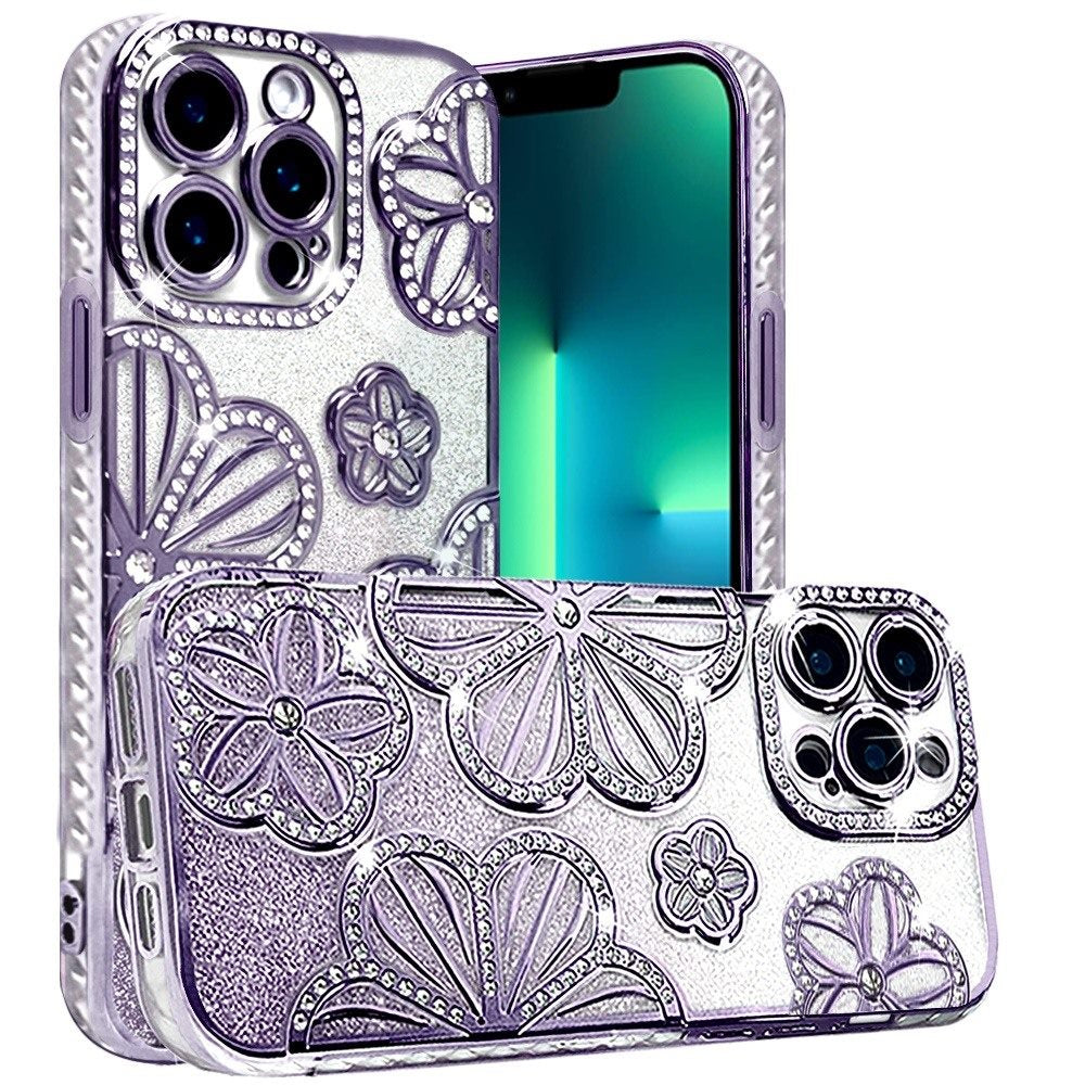 For Apple iPhone 13 Pro Luxury Flower Design Sparkle Glitter Diamond Rhinestone Shimmer Bling Plating Thick TPU Hard PC Case Cover