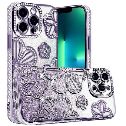 For Apple iPhone 13 Pro Luxury Flower Design Sparkle Glitter Diamond Rhinestone Shimmer Bling Plating Thick TPU Hard PC Case Cover