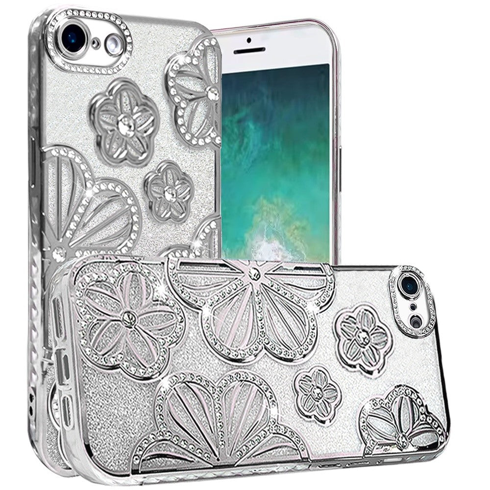 Luxury Flower Design Sparkle Glitter Diamond Rhinestone Shimmer Bling Plating Thick TPU Hard PC