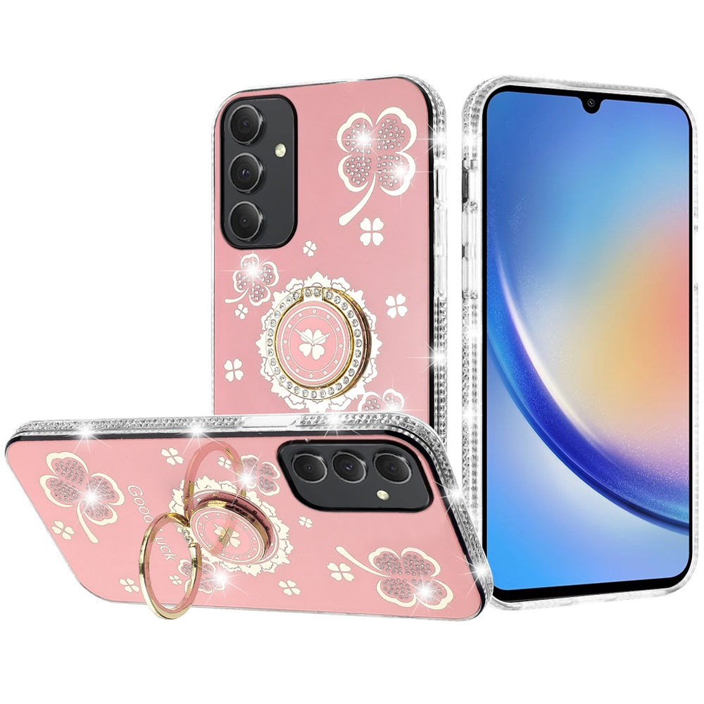Phone Case for Samsung Galaxy A15 5G Glitter Diamond Ring Stand Sparkle Rhinestone Edge AntiSlip Kickstand Luxury Fashion Bumper Shockproof Cover
