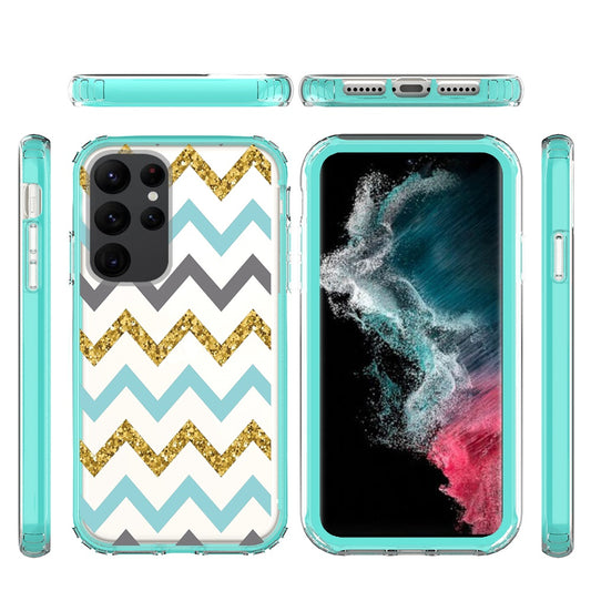 For Samsung Galaxy S23+ / S23 Plus Beautiful Design Hybrid Shockproof Protection Durable Grip Stylish Finish Hrad PC + TPU Case Cover Teal Chevron