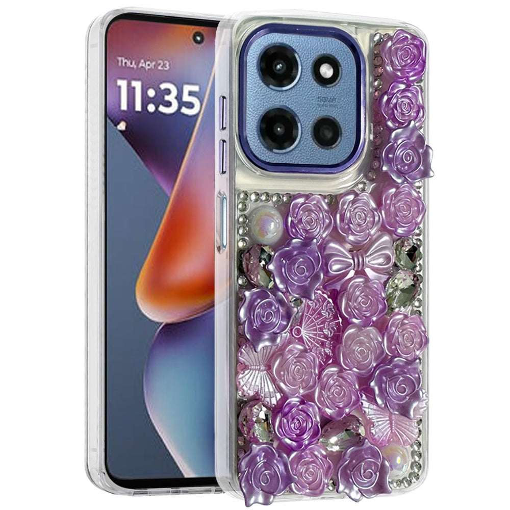 For Samsung Galaxy S26 Ultra 3D Diamond Floral Roses Flower Bling Stone Hybrid, Sparkly Rhinestone Gemstone Back Shockproof Case Cover Purple