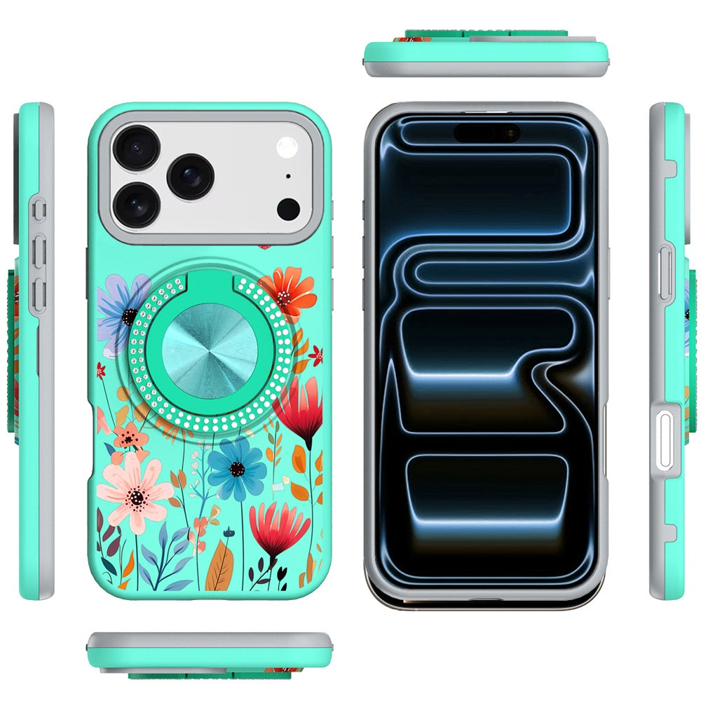 For Apple iPhone 17 Pro Max Pattern Design Hybrid with Invisible Ring Stand & Magnetic Back, Shockproof Protective Grip Case Cover