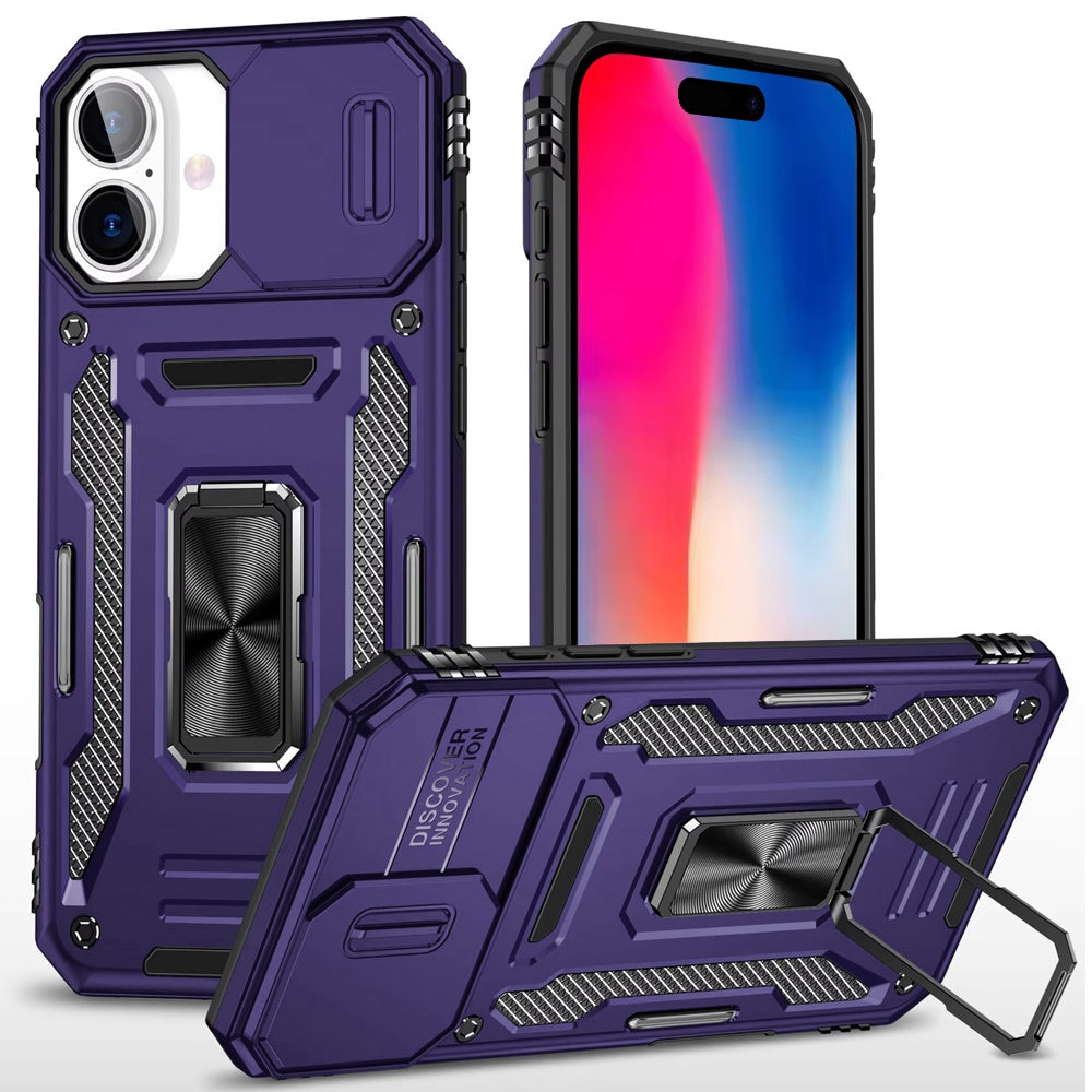 For Apple iPhone 17E /16E Tough Hybrid Case with Movable Camera Window & Metal Ring Stand Shockproof Case Cover