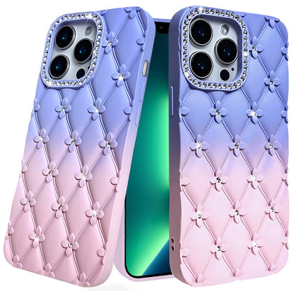 For Apple iPhone 16 Pro Max (6.9") Fashion Flower Design Sparkle Glitter Shimmer Rhinestone Bling Leather Feel Thick TPU Rubber Hard PC Case Cover