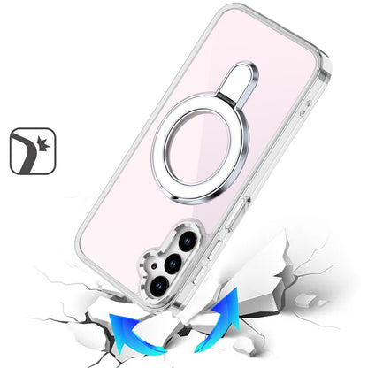 For Samsung Galaxy A16 5G Chrome Hybrid with Rotating Magnetic Circle Ring Stand, Slim Shockproof Hybrid Case Cover