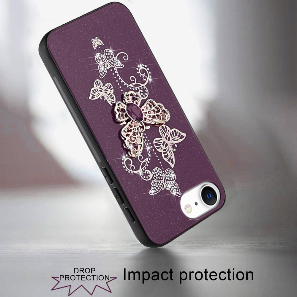Phone Case for Apple iPhone 17E /16E /SE4 Diamond Glitter 3D Butterfly Engraved Luxury Bling Hybrid Shockproof Chrome Edge Protective Durable Grip Cover Purple