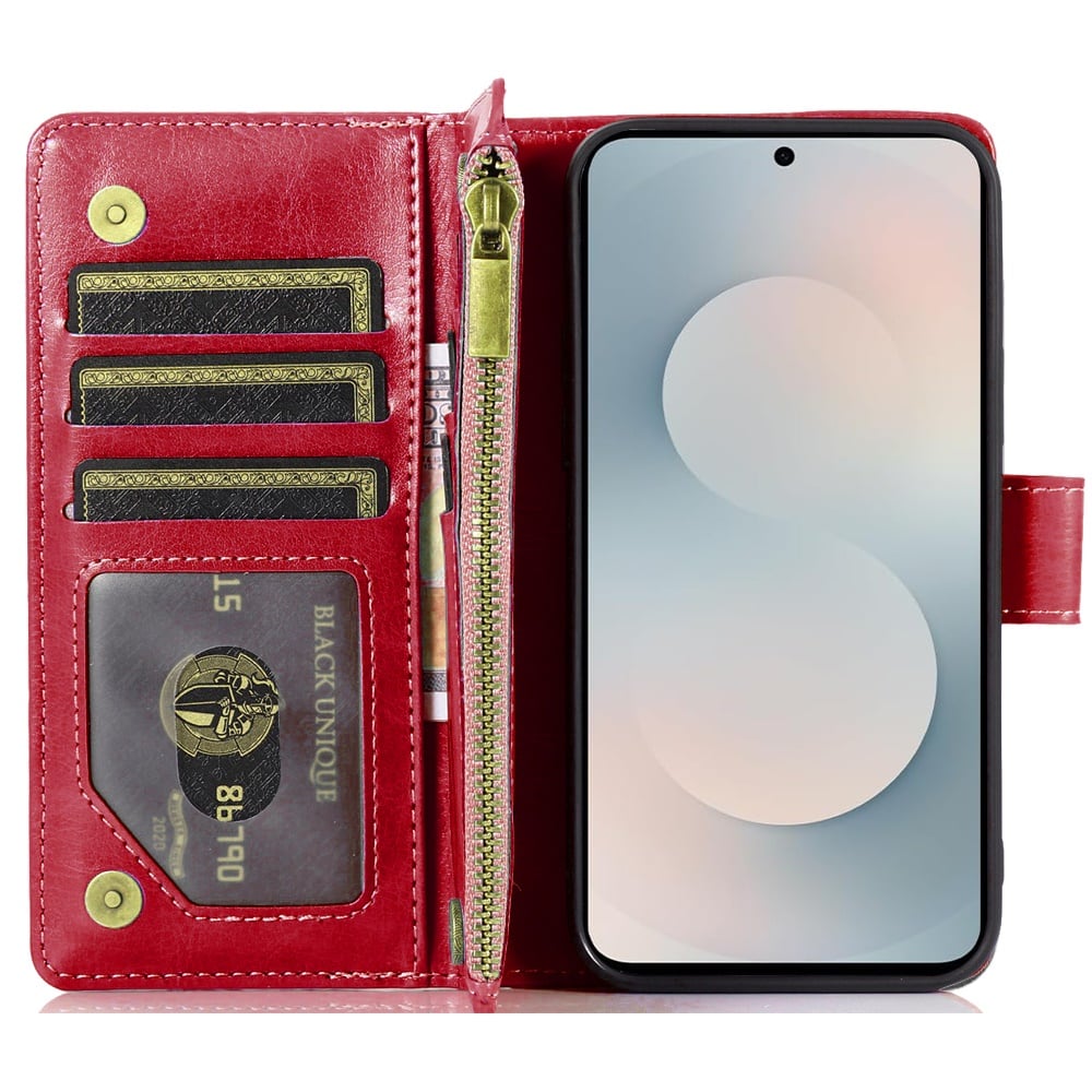Phone Case for Samsung Galaxy S25 FE /S25 Fan Edition Luxury Leather Wallet Card Holder Zipper Pocket Money Storage Protective Grip Design with Strap Cover Red