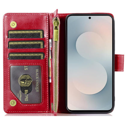 Phone Case for Samsung Galaxy S25 FE /S25 Fan Edition Luxury Leather Wallet Card Holder Zipper Pocket Money Storage Protective Grip Design with Strap Cover Red