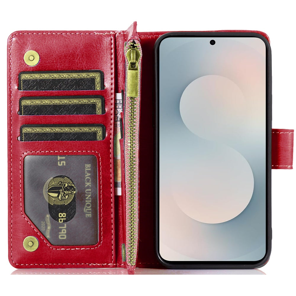 Phone Case for Samsung Galaxy S25 FE /S25 Fan Edition Luxury Leather Wallet Card Holder Zipper Pocket Money Storage Protective Grip Design with Strap Cover Red