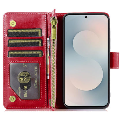 Phone Case for Samsung Galaxy S25 FE /S25 Fan Edition Luxury Leather Wallet Card Holder Zipper Pocket Money Storage Protective Grip Design with Strap Cover Red