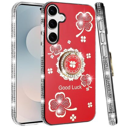 For Samsung Galaxy S26+ / S26 Plus Diamonds Bling All Around Edges Sparkly Glitter Hybrid with Ring Stand Holder Fashion Good Luck Case Cover