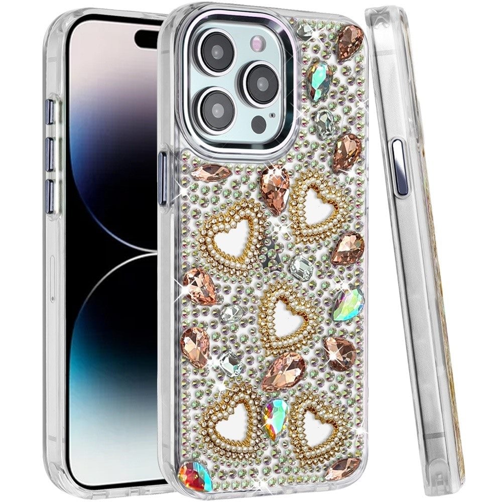 Phone Case for Apple iPhone 14 Pro Max Luxury Crystal Heart Rhinestone Diamond Bling Shockproof Hybrid Glitter Protective Stylish Durable Grip Cover