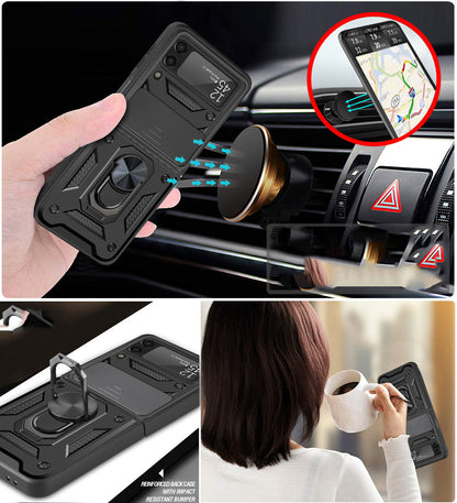 For Samsung Galaxy Z Flip 7 FE Camera Slide Protector with Magnetic Ring Stand, Hybrid TPU Shockproof Protective Case Cover