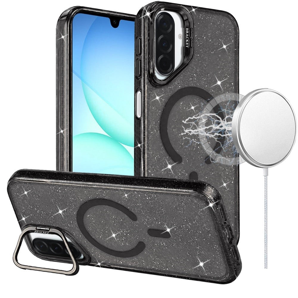 Phone Case for Galaxy A17 5G Bling Sparkle Glitter Design Magnetic back Hybrid with Metal Camera Stand, Decorative Glitter Design TPU Protective Cover