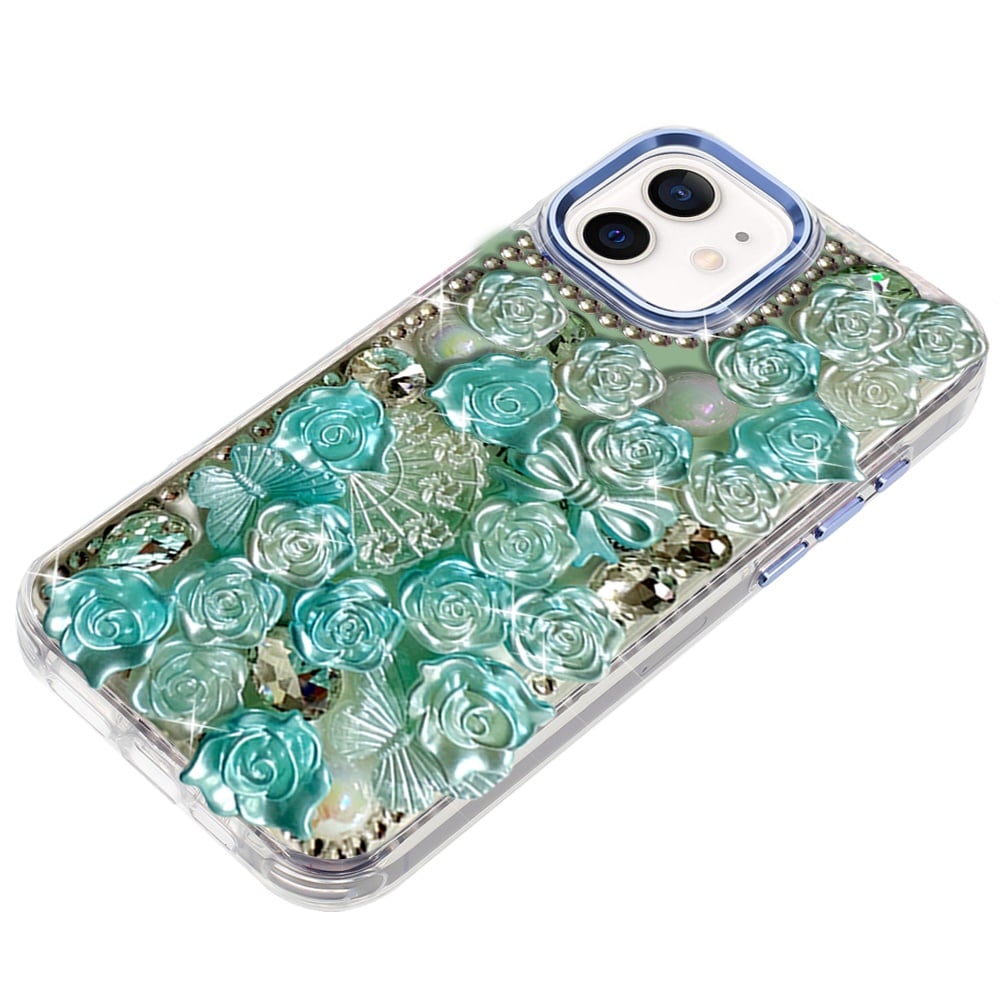 For iPhone 12 / iPhone 12 Pro (6.1") Muti-Color Floral Fashion Bling Crystal 3D Full Diamonds Stones Sparkle Rhinestone Glitter Hybrid Case Cover Green