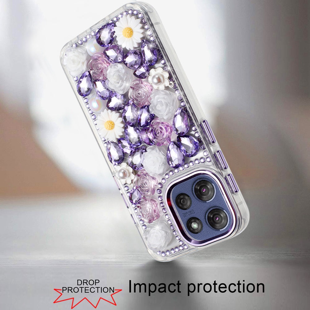 For Motorola Moto G 5G 2025 Fashion Daisy Floral Series, Full 3D Bling Crystal Diamonds Sparkling Rhinestone Glitter Hybrid Design Case Cover