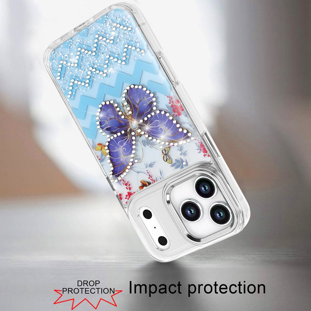 Phone Case for Apple iPhone 17 Pro Max (6.9") Butterfly Resin Epoxy Diamond Bling Metal Edge Shockproof Hybrid Luxury Protective Durable Stylish Fashion Grip Cover Light Blue