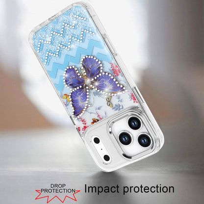 Phone Case for Apple iPhone 17 Pro Max (6.9") Butterfly Resin Epoxy Diamond Bling Metal Edge Shockproof Hybrid Luxury Protective Durable Stylish Fashion Grip Cover Light Blue