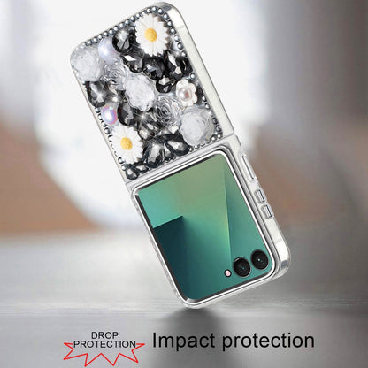For Samsung Galaxy Z Flip 7 Fashion Daisy Floral Series, Full 3D Bling Crystal Diamonds Sparkling Rhinestone Glitter Hybrid Design Case Cover