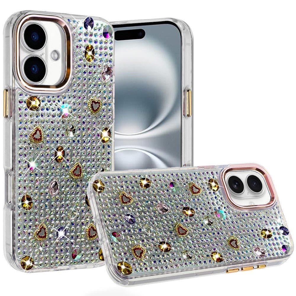 Phone Case for Apple iPhone 16 Chrome Fashion Hybrid Bling Diamond Heart Rhinestone Decorative Stones Sparkling Embellished Design Cover Gold