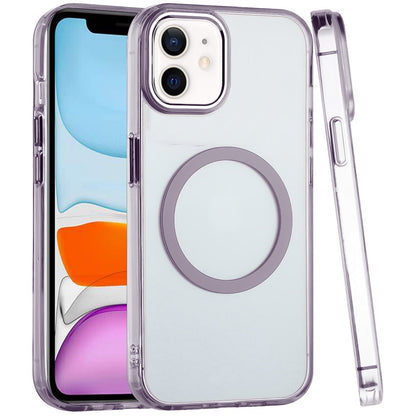 For Apple iPhone 11 Transparent Back Hybrid Case - Magnetic Circle, Color Frame, Metal Buttons, MagSafe Compatible Case Cover