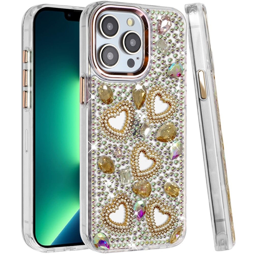Phone Case for Apple iPhone 13 Pro Max Luxury Crystal Heart Rhinestone Diamond Bling Shockproof Hybrid Glitter Protective Stylish Durable Grip Cover