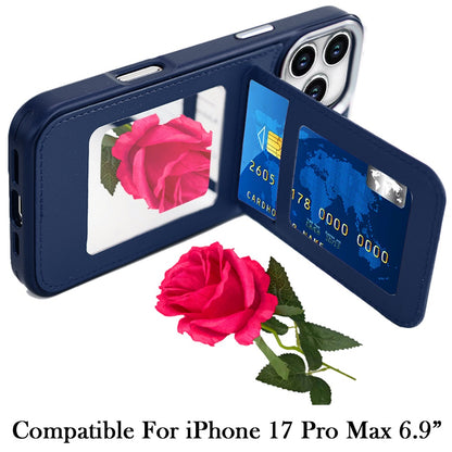 For Apple iPhone 17 Pro Max (6.9") PU Leather Wallet Cover with Credit Card Holder, Kickstand & Mirror Inside Slim Fit TPU & PC Hybrid Design Case Cover Red