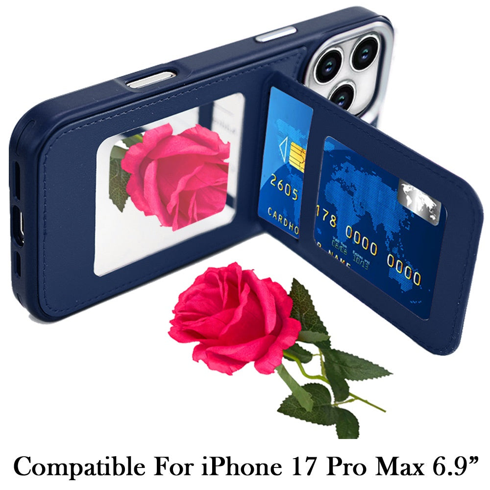 Phone Case for Apple iPhone 17 Pro Max (6.9") Credit Card Holder Mirror PU Leather Wallet Shockproof Grip Slim Protective Hybrid Magnetic Style Durable Cover Dark Blue