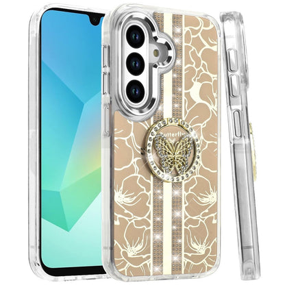 For Samsung Galaxy A16 5G Diamonds 3D Butterfly Floral Design Bling Sparkly Glitter Hybrid Metal Fashion with Ring Stand Case Cover